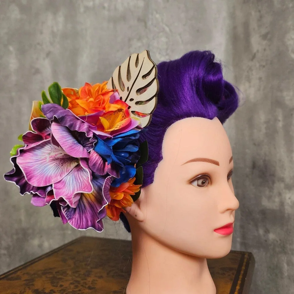 Handmade Tropical Floral Hair Clip Fascinator‎ Orchid Lily Tiki Burlesque